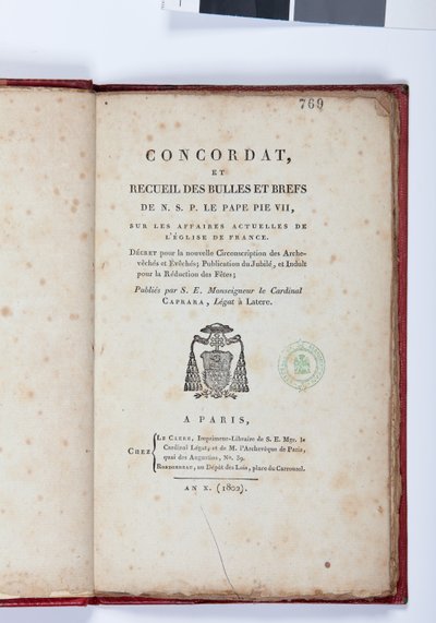Page de titre du Concordat et Recueil des bulles et brefs de N. S. P. le Pape Pie VII, publié par Giovanni Battista Caprara, Paris, Chez Le Clers, 1802 - French School