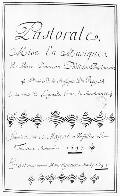 Page de titre de la Pastorale par Pierre Danican Philidor (1681-1731) 1697 - French School