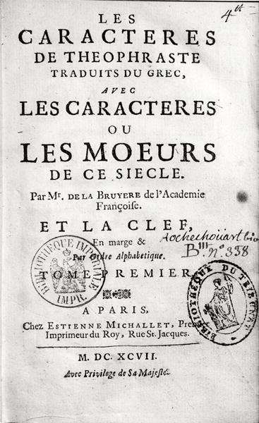 Page de titre de Les Caractères de Théophraste traduit par Jean de la Bruyère, 1697 - French School
