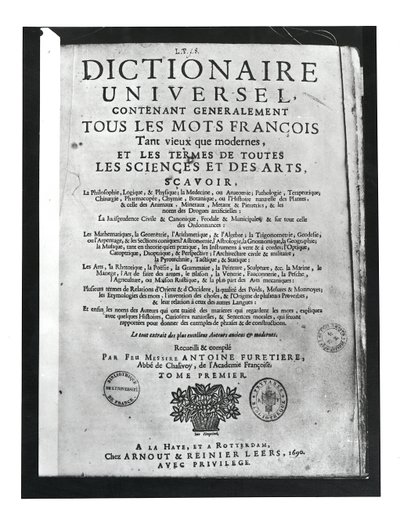 Page de titre du Dictionnaire Universel par Antoine Furetière (1619-88) 1690 - French School