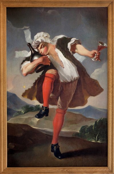 Aux trois ordres réunis. Un homme représentant le Clergé, la Noblesse et le Tiers État tient un verre de vin rouge et embrasse une bouteille. Panneau peint de marchand de vin. Peinture anonyme, période révolutionnaire - French School