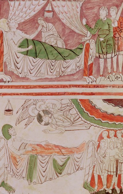 Tome 1, Ms 1589 f.128v Le Roi David et le Rêve de Salomon, de la Bible de Saint-Vaast - French School