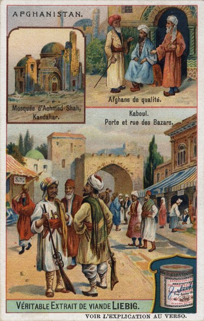 En haut : mosquée Achmed Shah à Kandahar et portraits de riches Afghans. En bas : bazar de Kaboul en Afghanistan. Publicité chromolithographique du XIXe siècle - French School