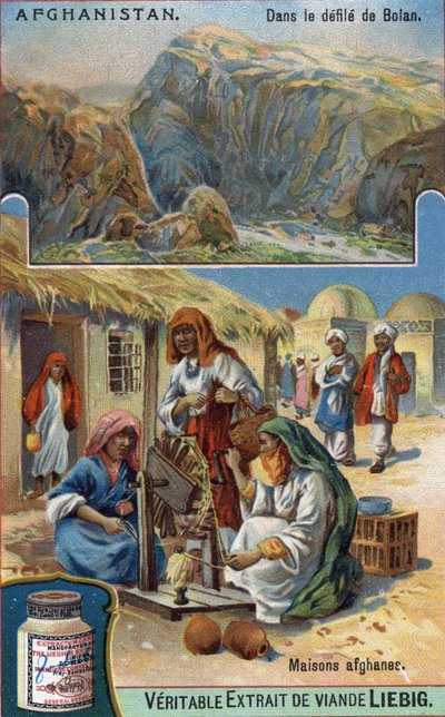 En haut : Parade de Bolan en Afghanistan. En bas : Femmes afghanes tissant de la laine devant leurs maisons. Chromolithographie du 19ème siècle - French School