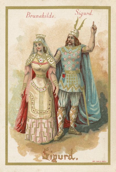 Carte commerciale représentant Brunehilde et Sigurd - French School