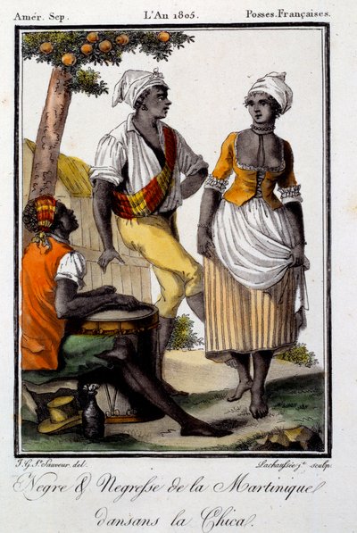 Danse traditionnelle : habitants de la Martinique dansant la chica. Gravure de 1805 - French School