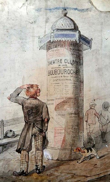 Clochard regardant une affiche publicitaire pour la pièce de Courteline 