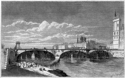 Transformations de Paris sous le Second Empire, Paris Haussmannien : vue du Pont au Change pendant sa reconstruction. Gravure dans « Le Monde Illustré » n°169 du 7 juillet 1860. - French School