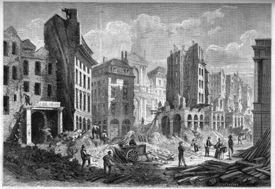 Transformations de Paris sous le Second Empire, Paris Haussmann : démolition de la rue de la Barillerie pour le percement du boulevard Sébastopol. Gravure dans Le Monde Illustré n°126 du 10 septembre 1859. - French School