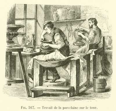 Travail de la porcelaine sur le tour (gravure) - French School