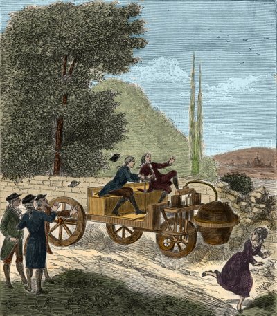 Essai du chariot à vapeur à trois roues de Nicolas Joseph Cugnot à l