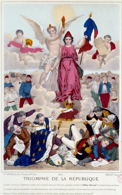 Triomphe de la république, gravure de 1875. Allégorie sur le suffrage universel qui détruit les ennemis de la république : "[...] Mais la France est à l