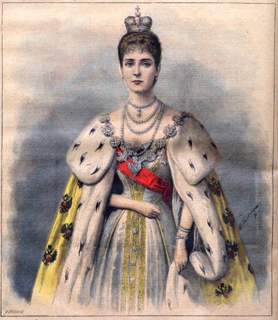 Tsarine Alexandra de Russie dans ses robes de couronnement - Tsarine Alexandra Fiodorovna en costume sacré. Illustration pour Le Petit Journal, 24 mai 1896 (gravure) - French School