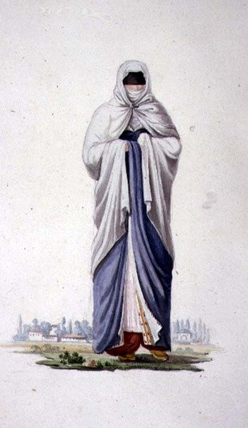 Femme turque de Smyrne, probablement par Cousinery, période ottomane, troisième quart du 18ème siècle (aquarelle sur papier) - French School