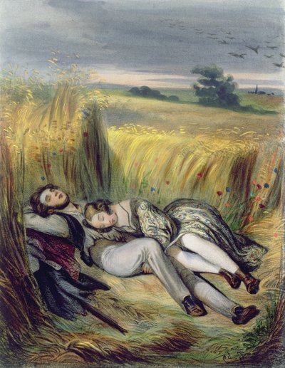 Deux amants allongés dans un champ de maïs - French School
