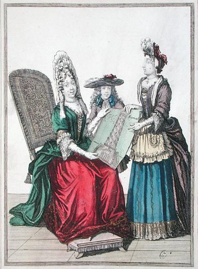 Deux femmes et un garçon admirant une gravure du Grand Phare d