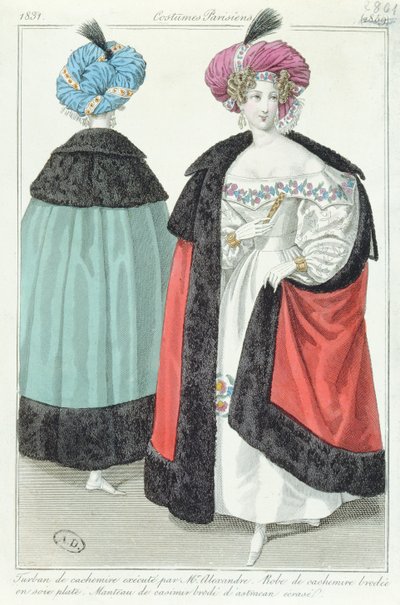 Deux femmes avec turbans, robes et manteaux de cachemire, de Costumes Parisiens, 1831 - French School