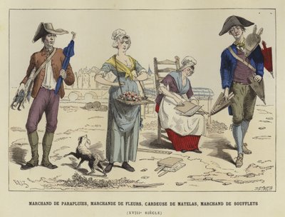 Vendeur de parapluies, vendeur de fleurs, cardeur et vendeur de soufflets, 18ème siècle - French School
