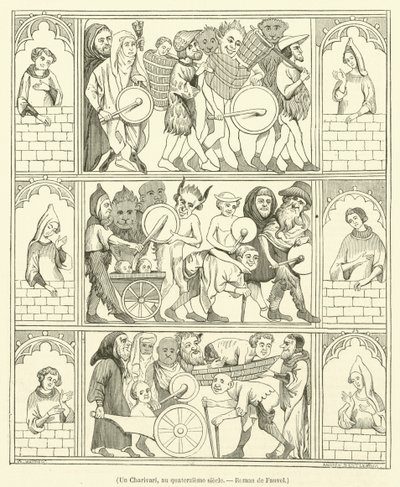 Un Charivari, au quatorzieme siecle, Roman de Fauvel (engraving) - French School