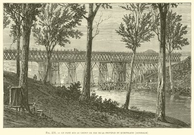 Un pont sur le chemin de fer de la province du Queensland, Australie (gravure) - French School