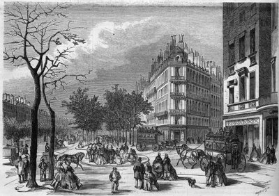 Un des premiers "refuges" pour les piétons qui traversent les boulevards à Paris établi entre le boulevard des Capucines et le boulevard de la Madeleine - French School