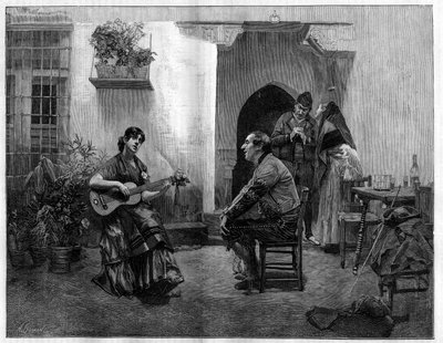 Sous le charme : un homme écoute avec admiration une jeune fille espagnole jouant de la guitare. Gravure d