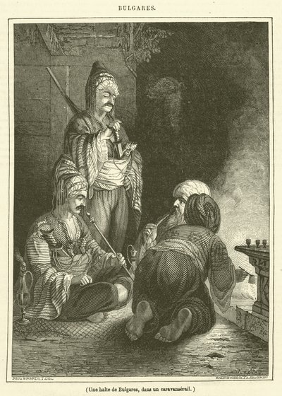 Une halte de Bulgares, dans un caravanserail (engraving) - French School