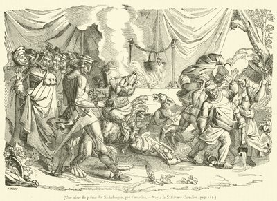 Une scène du poème des Niebelungen (gravure) - French School