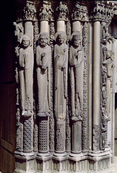 Figure inconnue, le roi Salomon, la reine de Saba et le roi David, figures de jambage du Portail Royal, 1140-55 - French School