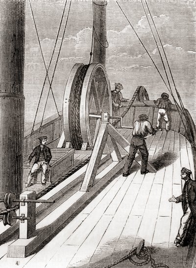 Déroulement du câble sous-marin de Douvres à Calais à bord du Blazer, 25 décembre 1851, des Merveilles de la Science, publié vers 1870 (gravure) - French School