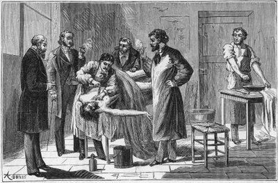 Utilisation du sulfite de soude dans les amphithéâtres de dissection pour conserver les cadavres - Gravure dans « Sciences mises à la portée de tous - physique et chimie » par Alexis Clerc - Fin du XIXe siècle - Collection privée - French School
