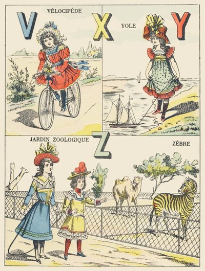 V X Y Z: vélocipède, yole, jardin zoologique, zèbre - French School