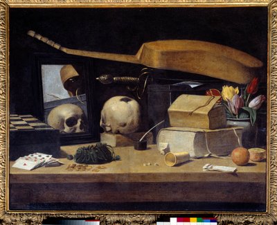 Vanité Nature morte avec jeu de cartes, instrument et crâne - French School