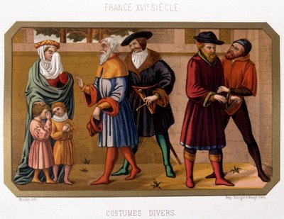 Divers costumes de la bourgeoisie au XVIe siècle - chromo XIXe siècle d