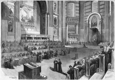 Concile Vatican I (1869-1870) : Première réunion tenue le 9 décembre 1869 dans la partie droite du transept de l