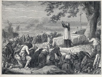 Guerres de Vendée (1793-1796) : Prêtre inséré célébrant une messe sous un chêne pour la population insurgée qui rejette les prêtres assermentés. Gravure de 1889. Collection privée. - French School