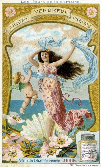 Vénus illustre le vendredi. Carte publicitaire chromolithographique Liebig - French School
