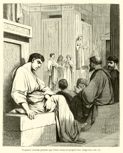 Vespasien endormi pendant que Néron récite ses propres vers (gravure) - French School
