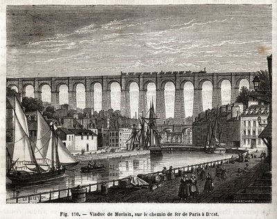 Viaduc de Morlaix, sur la ligne de chemin de fer de Paris à Brest (France). Gravure par Lebreton et Marchand, dans « Les Merveilles de la Science » par Louis Figuier (1819-1894), édition Jouvet et Cie - French School
