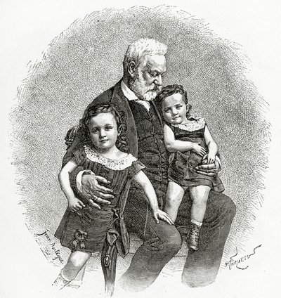 Victor Hugo et ses Petits-Enfants, 19e siècle (gravure en noir et blanc) - French School