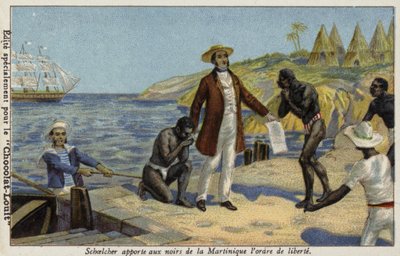 Victor Schoelcher apportant la nouvelle de leur liberté aux esclaves de la Martinique, vers 1848 - French School
