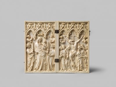 Vierge Glorieuse et Crucifixion diptyque, dos en ébène ajouté plus tard, XIVe siècle - French School
