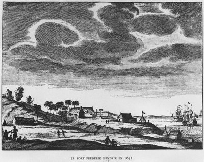 Vue du Fort Frederik Hendrik, Maurice, en 1642, illustration de Le Premier Établissement Néerlandais à Maurice par le prince Roland Bonaparte, 1890 - French School