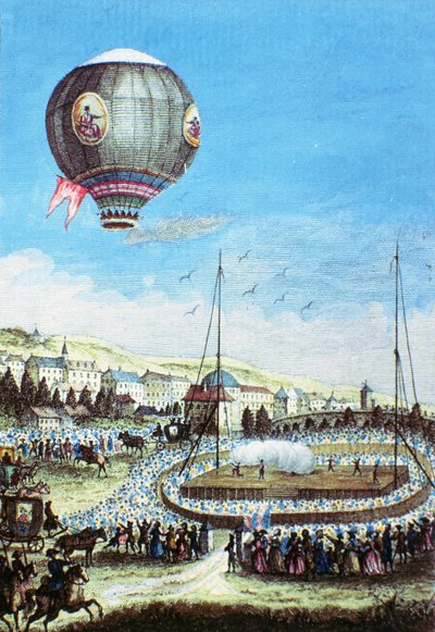 Vue des Brotteaux à Lyon et le troisième vol du ballon à air chaud des frères Montgolfier le 10 janvier 1784 (gravure en couleur) - French School