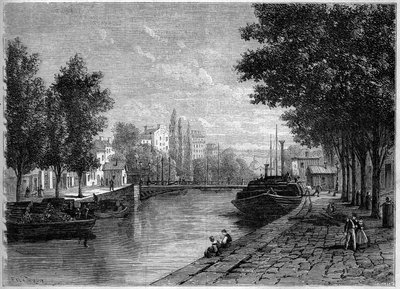 Vue du canal Saint-Martin, à Paris, avant les transformations réalisées par Haussmann au milieu du 19e siècle. Vue prise à la hauteur de la rue Saint-Sébastien. Gravure dans « Le Monde Illustré » n°233 du 28 septembre - French School