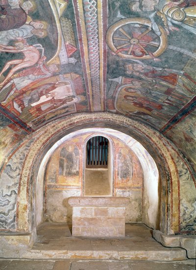 Vue de la crypte et la légende de Saint Savin et Saint Cyprien - French School