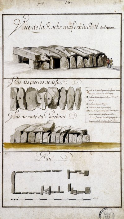 Vue de la Roche aux Fées du côté est, vue des pierres de Defsu - dans « Description historique, topographique et naturelle de la Bretagne » par Robien - French School