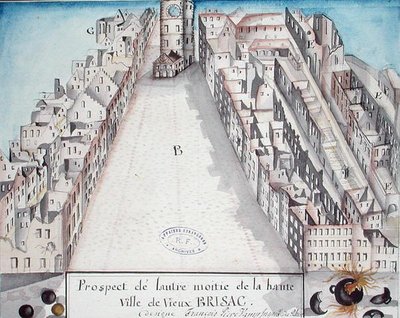 Vue du centre de Brisach après le bombardement français en 1793 - French School