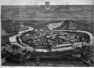 Vue de la ville de Besançon dans le Doubs. Gravure de 1880 dans « La république illustrée » collection privée. - French School