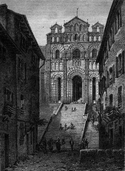 Vue de la façade de la Cathédrale Notre-Dame du Puy-en-Velay, Haute-Loire (43) - French School